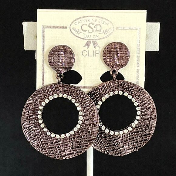 New Catherine Stein Designer Earrings Clear Crystal Accents Clip On 6H - Picture 2 of 3